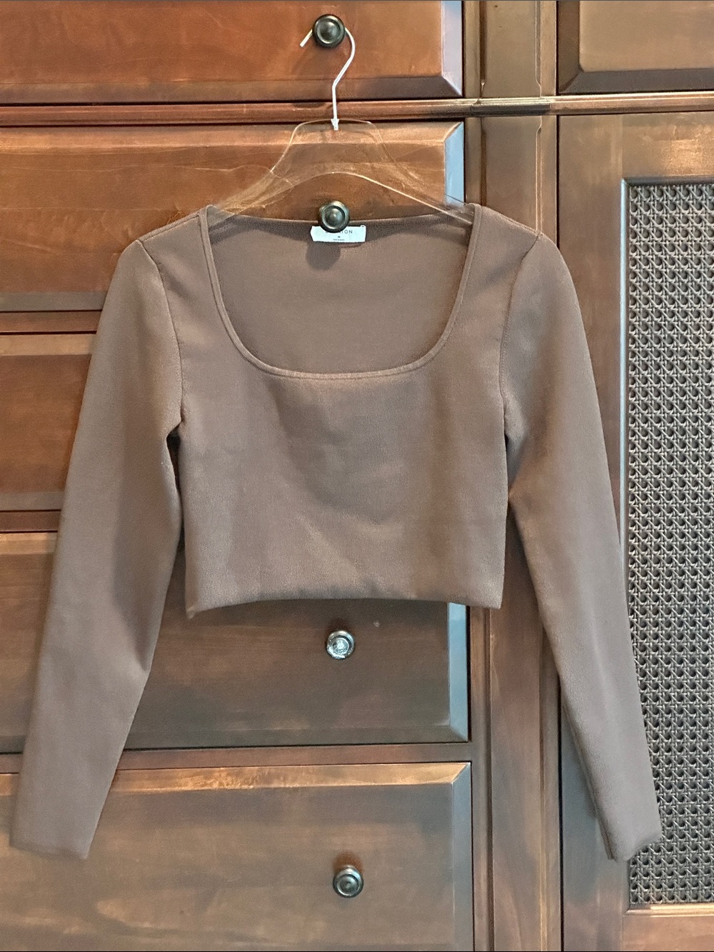 BABATON Cropped Long Sleeve Stretch Top Square Neck Brown SIZE MEDIUM EC